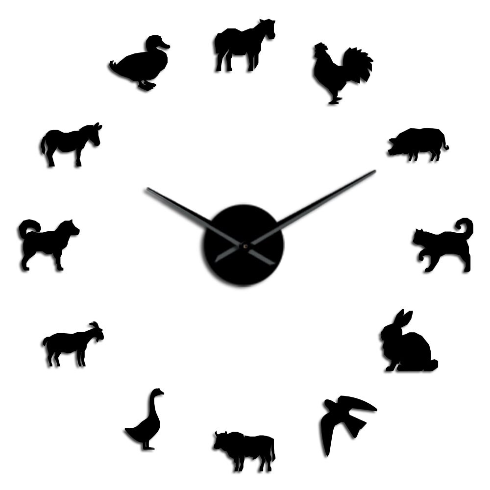 Barn Animal Super Big DIY Wall Clock Farm Animals Acrylic Mirror Clock Super Digital Watches Clocks Farmyard Kitchen Decor: Black / 12  inch