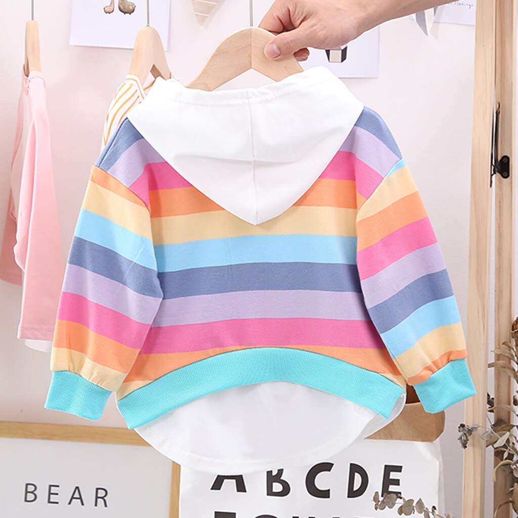 Toddler Kids Girls Striped Rainbow Top Cartoon Fashionable Hooded Sweatshirt Coat Tops Colorful Children Clothes