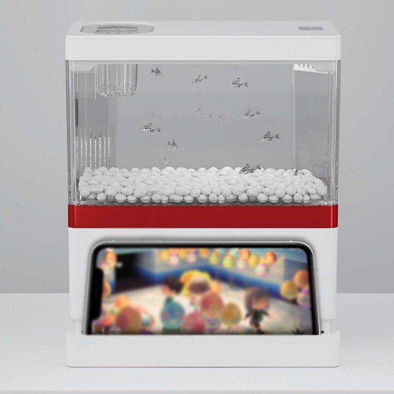 Petit aquarium de poisson rouge silencieux, décor de maison avec support pour téléphone et Pad