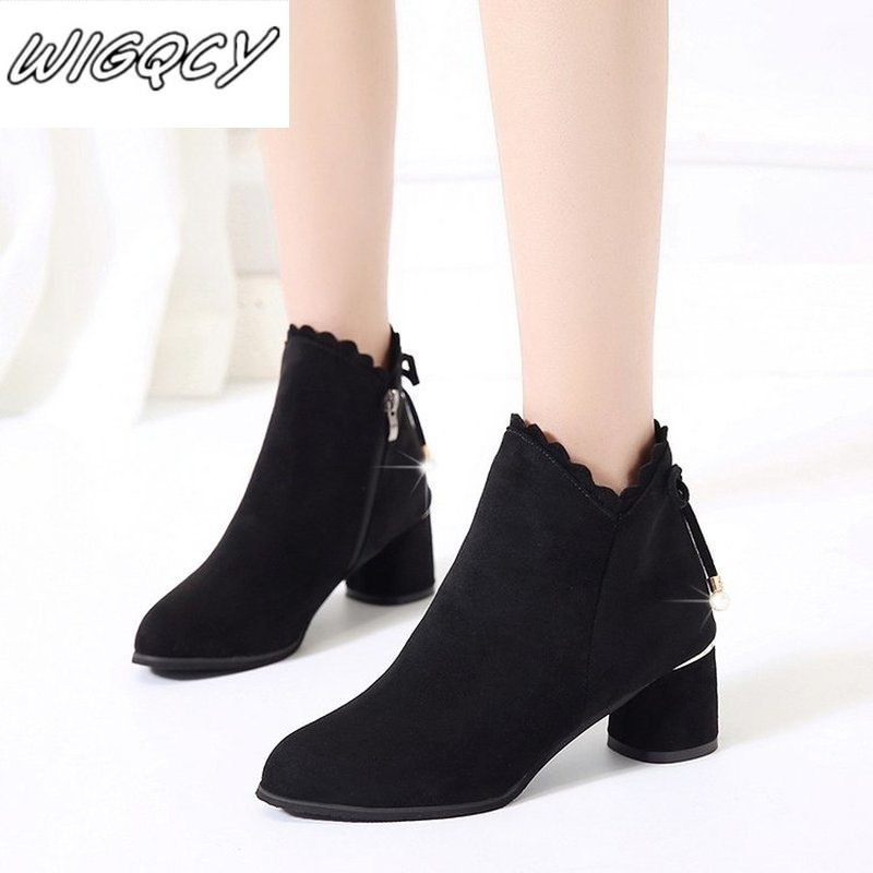 Bottes Martin à talons hauts en dentelle épaisse et pointue pour femme, style d'hiver