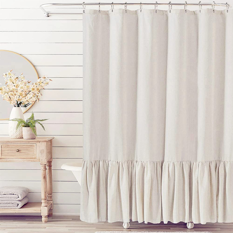 Rüschen-Duschvorhang für Badezimmer, Bauernhaus, Bohemian-Stil, natürliches Leinen, maschinenwaschbar, mit 12 Haken, 182,9 x 182,9 cm: WHITE
