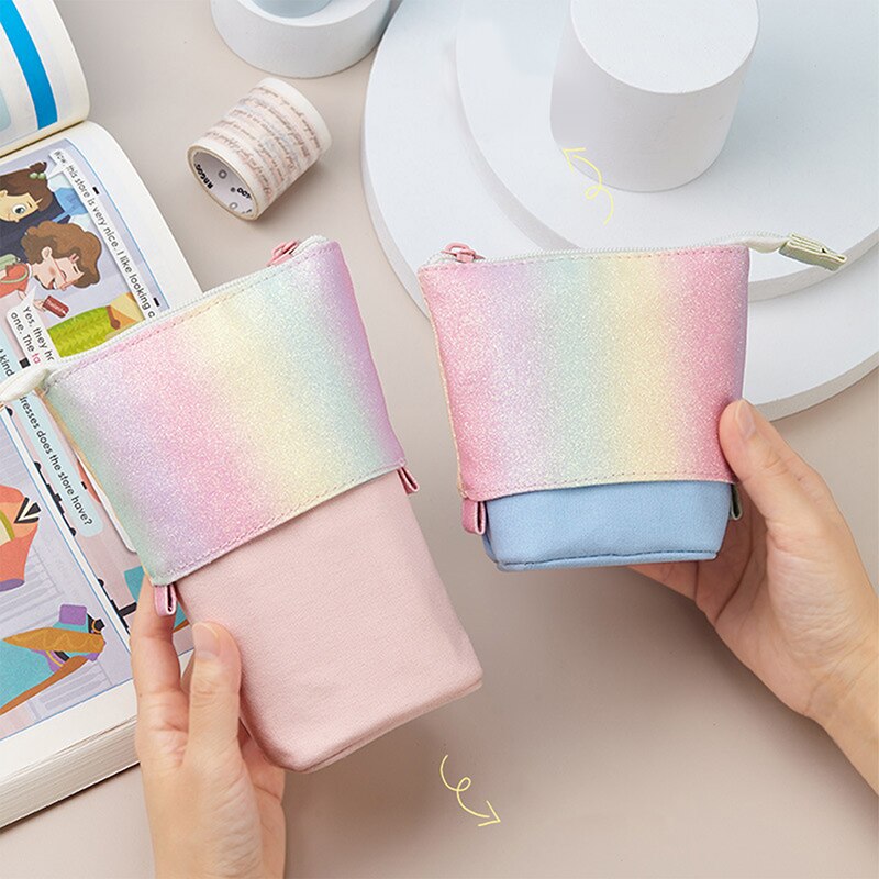 Retractable Pencil Case Sequins Rainbow Large Capacity Multi Pockets School Stationery Bag Pen Case Canvas Pen Holder