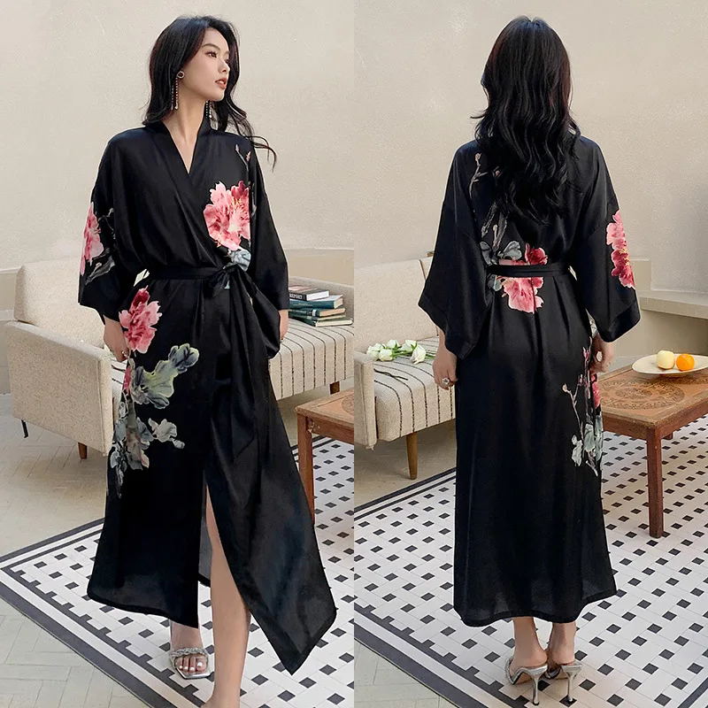 Peignoir kimono à manches mi-longues de style japonais pour femmes, robe longue femme, chemise de nuit, vêtements de nuit, satin imprimé fleuri, robe en span pour la maison: Turquoise