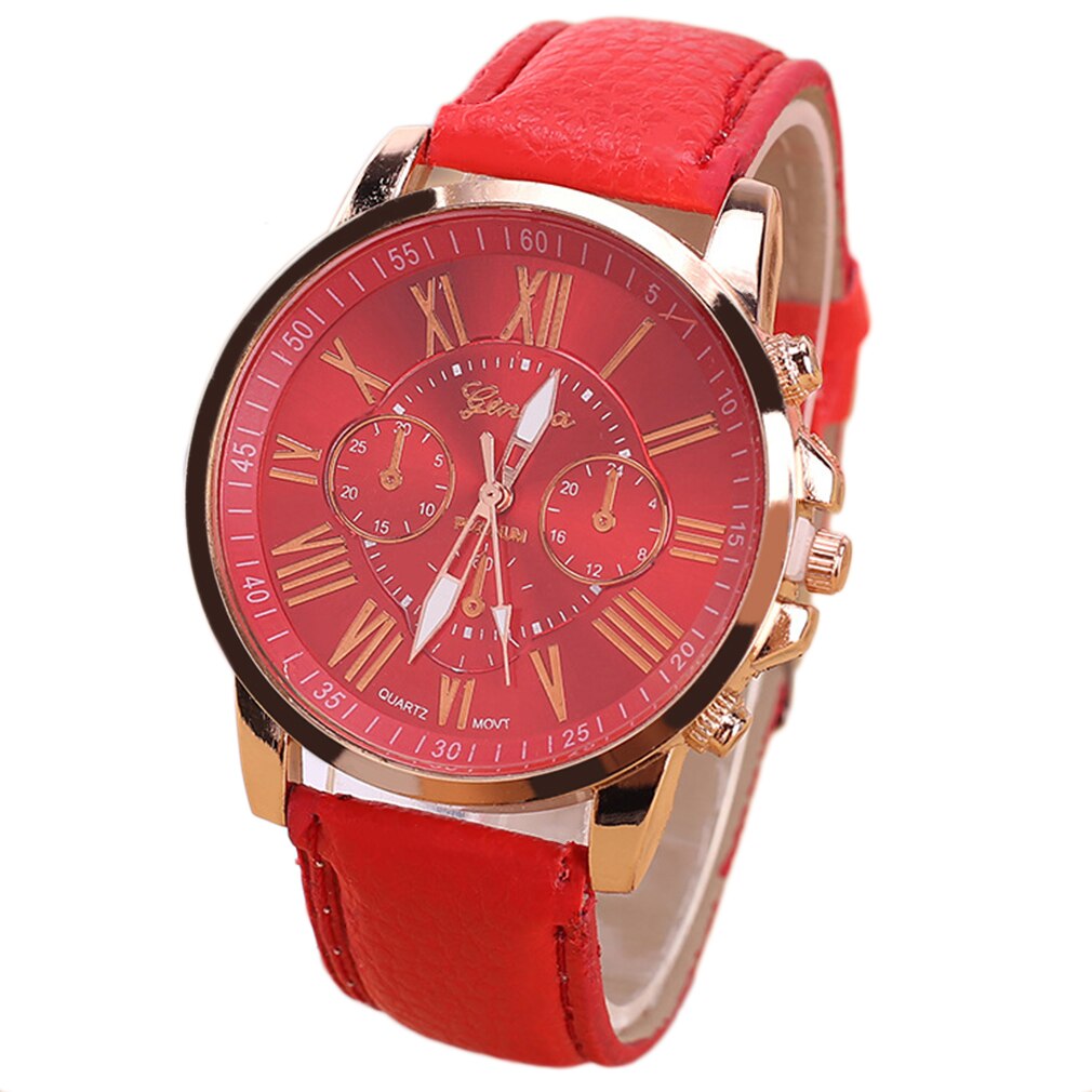 Merk unisex heren casual stijlvol romeinse cijfers imitatieleer quartz horloge montre horloges relojes mujer: Rood