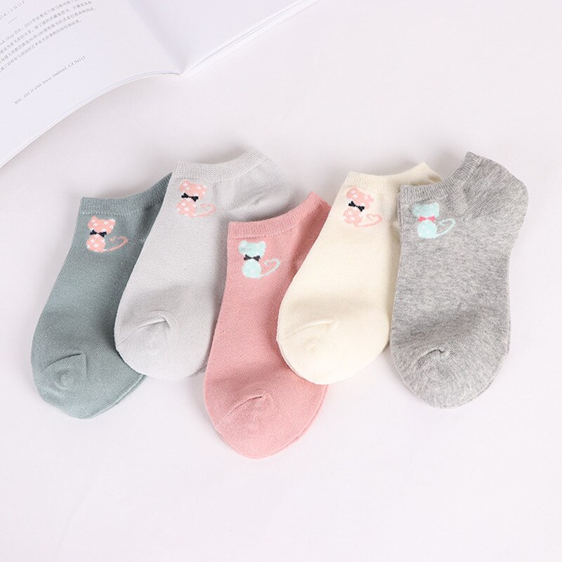 Calcetines tobilleros con de gato para Mujer, medias cortas con dibujos de animales, coreana, Kawaii, informal, 5 pares: Rojo coral