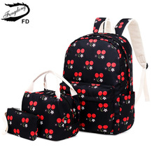 FengDong 3 unids/set niños de estilo coreano mochilas de escuela para niñas Linda cereza impresión de conjunto de mochila escolar bolsa de embrague . Exclusivo.