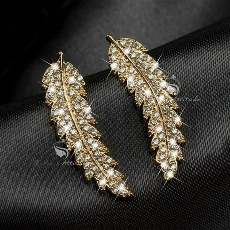 1 par smukke fjerøreklatrere manchetøreringe krystal diamonden blade klynge bryllup øreringe til kvinder: Guld