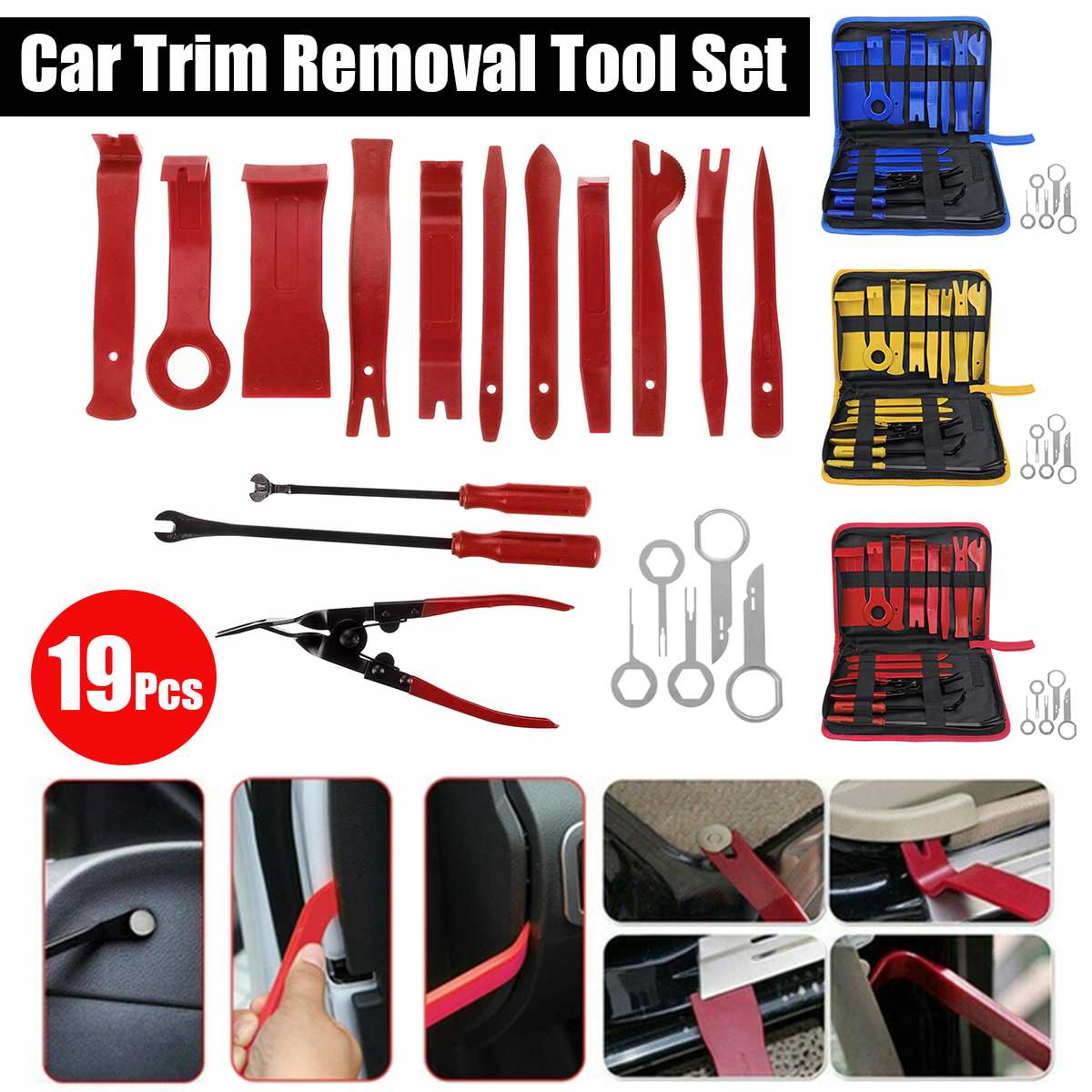 19pcs Car Disassembly Tools DVD Stereo Refit Kit Interior Trim Panel Dashboard Installation Removal Repair Tools Red/Blue/Yellow