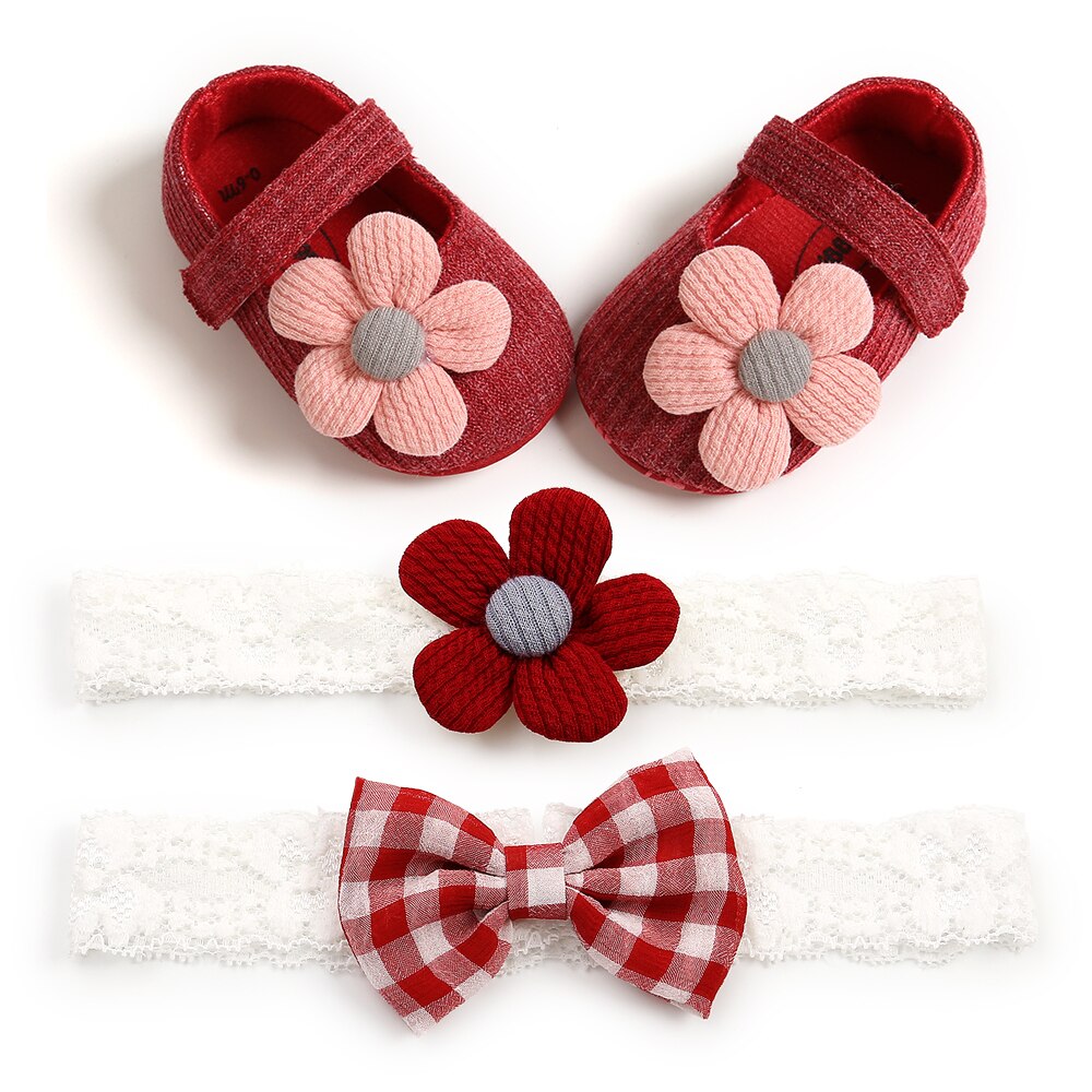 Bébé baptême chaussures + bandeau ensemble semelle souple florale Mary Jane chaussures plates et bandeaux ensemble 3 pièces pour les filles en bas âge: Marron / 0-6 mois