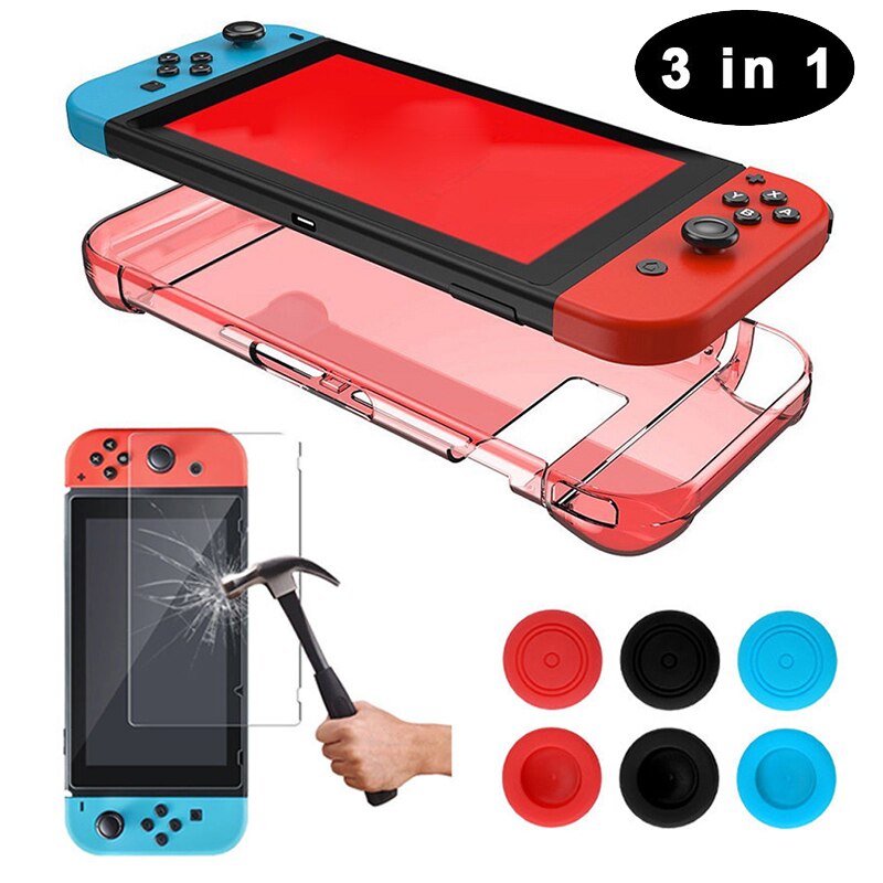 Voor Nintendo Schakelaar Transparant Back Hard Case + Gehard Glas Screen Protector + 6Pcs Duimgrepen Caps