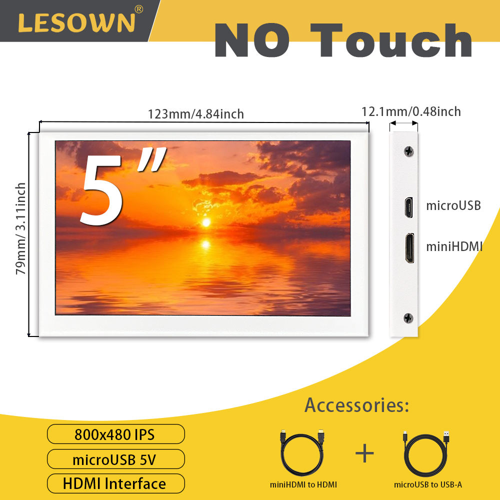 LESOWN 5 inch monitor mini-scherm HD 800x480 IPS HDMI LCD extra micro-display voor Raspberry Pi 5 4 3B + Windows PC wit: WIT