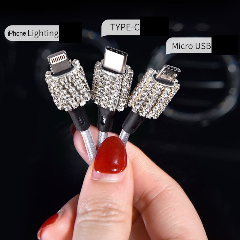 Diamond crystal 3 in 1 usb-kabel for iphone ladelader datakabel type c type-c mikro usb-kabel for samsung xiaomi wire