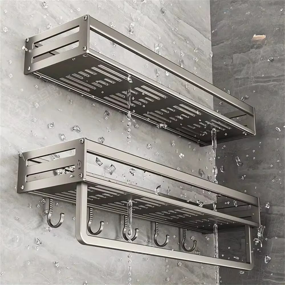 Estante de aluminio para especias montado en la pared, estante multifuncional para artículos, ganchos para herramientas de cocina, estante de almacenamiento de condimentos, 1/2 Uds.