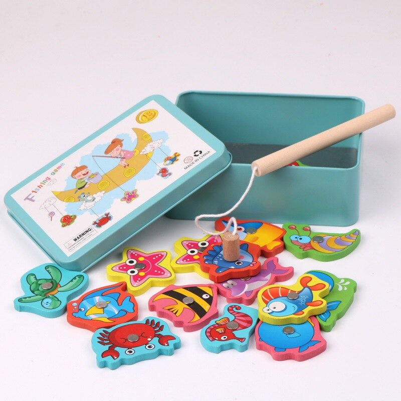 Juego de pesca magnético con caja de lata, bloques de madera, interacción entre padres e hijos, juego de inteligencia para Educación Temprana,: Blue set