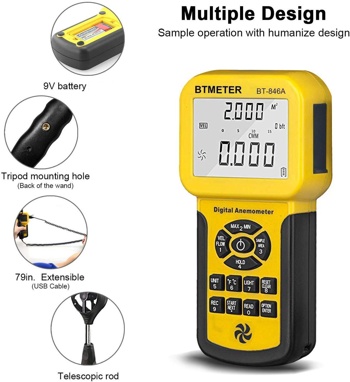 El Anemómetro BTMETER BT-846A Pro HVAC mide la velocidad del viento la temperatura del flujo del viento CFM el medidor de velocidad del flujo del aire con luz de fondo