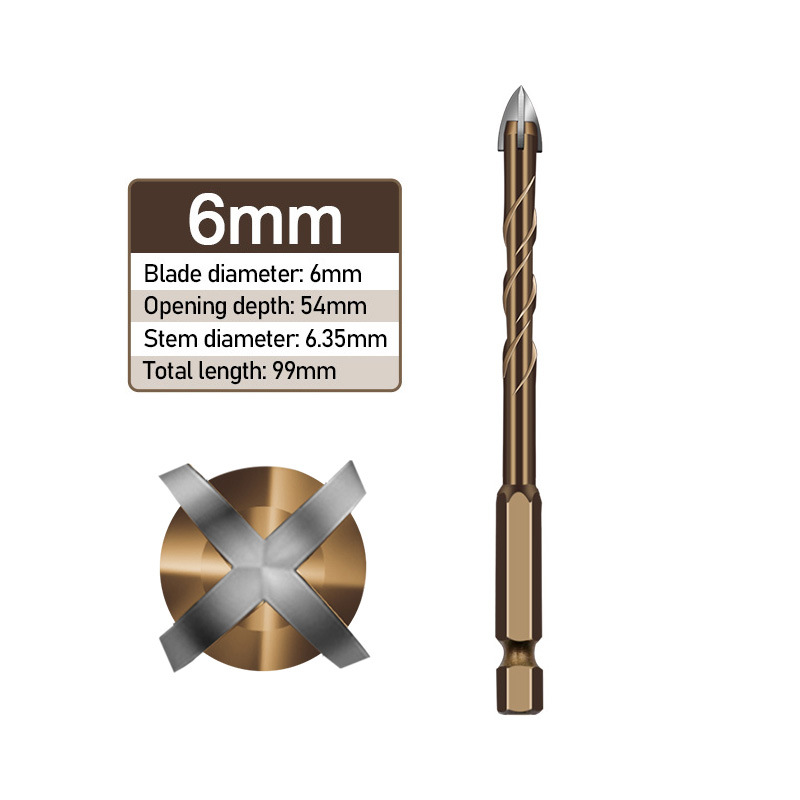 1Pc Hex Shank Spiral Groove Cross Alloy Four-edged Drill Bit Glass Ceramic Concrete Hole Opener 3/4/5/6/8/10/12MM: 6mm