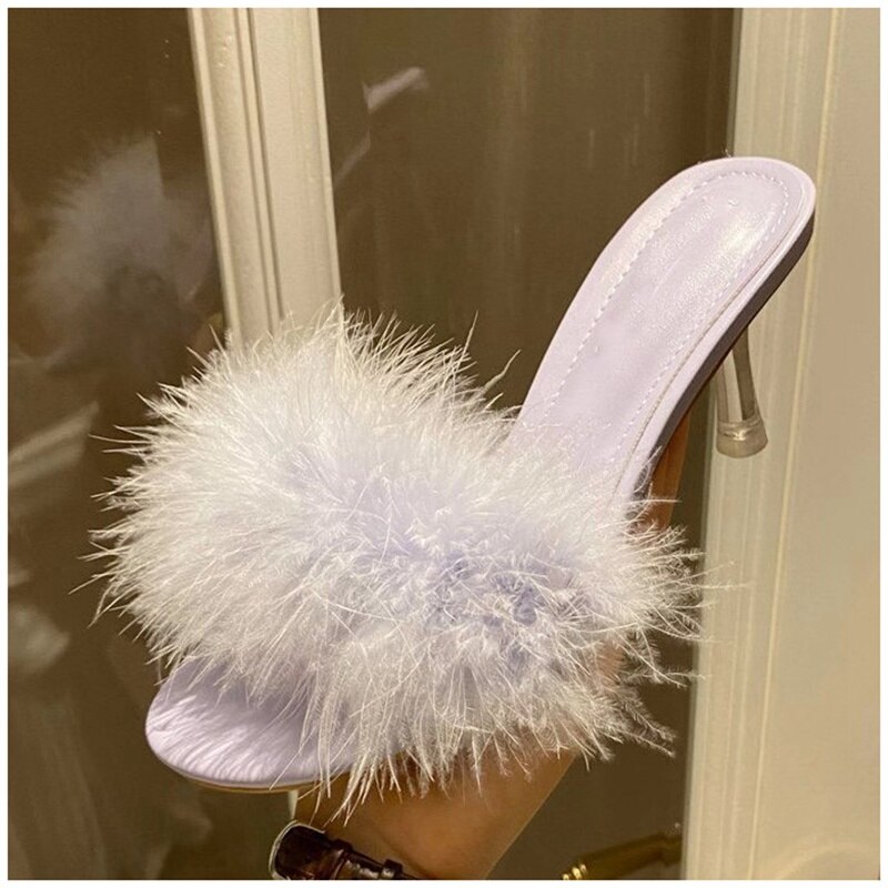 Suojialun kvinnor lurviga tofflor strutshår fluffig sandal dam tunn högklackat plysch slides varma tofflor sho: Lila / 35