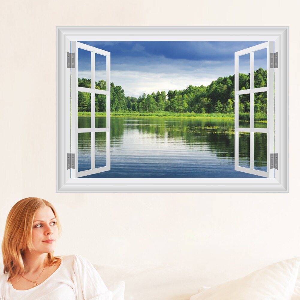3D Window Forest Landscape in Four Seasons 3D Wall Sticker Green Tree Removable Wallpaper Home Decal Home Decor