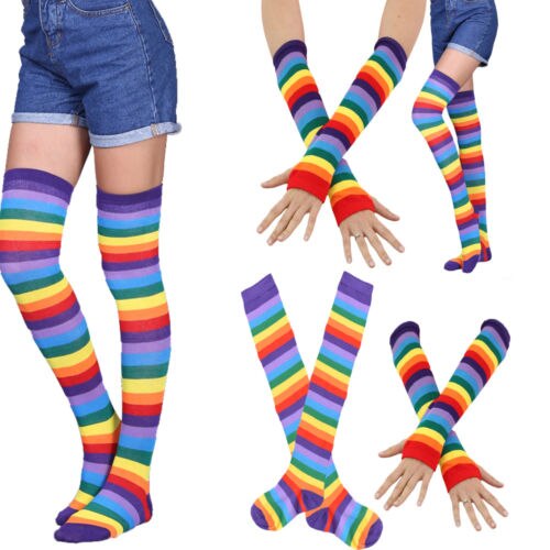 Women Ladies Rainbow Thigh High Socks Girl Arm Warmer Mitten Stretchy Gloves
