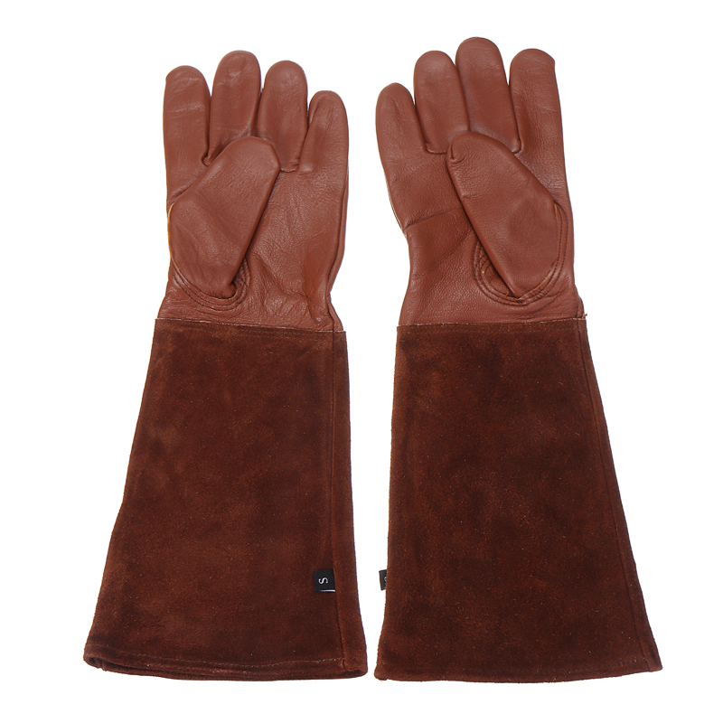 1 par rosenbeskæringshandsker til mænd kvinder ekstra langærmet læder torntæt havearbejde handske: Brun / S