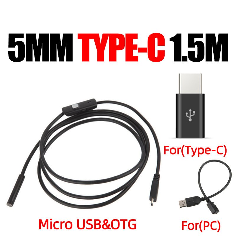 Endoskop til android telefon type c endoskopisk led  ip67 inspektionskamera endoskop smartphone til biler endoskop type c fleksibel: Type  c 5.5mm 1.5m