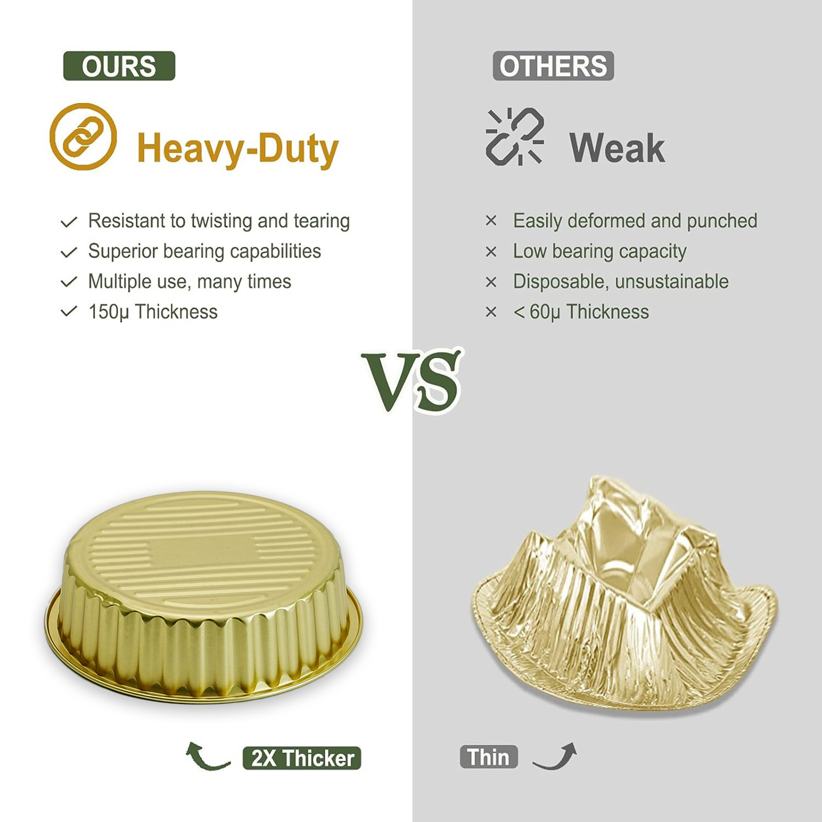 Zware gouden aluminiumfolie pannen 1730 ml 10 stuks, wegwerp verdikte voedselcontainer BBQ-lade voor keuken koken bakgereedschap