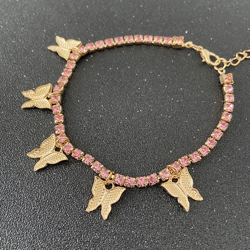 Pulsera tobillera de mariposa para mujer, brazalete de Color dorado con diamantes de imitación, para pierna, Accesorios de playa, joyería para el tobillo: Pink