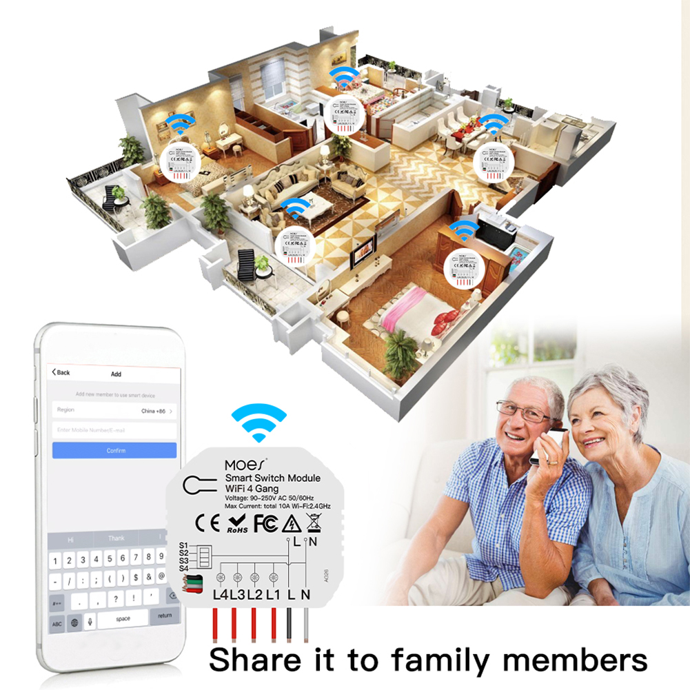 4 Gang Wi-Fi Switch Module Light Switch Voice APP Remote Control Share Function DIY Breaker Module 2 Way Feature (AC 90-250V)
