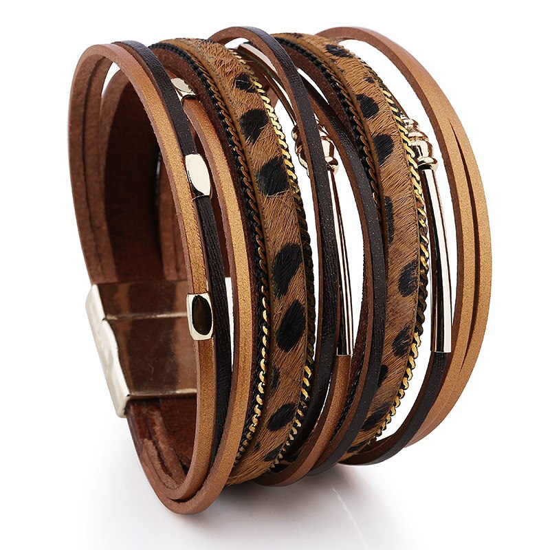 Leren armband dames meerlaagse brede polsband sieraden armband meisjes accessoires: Koffie