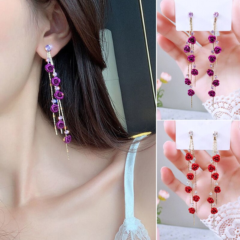 Pendientes de gotas de rosa roja para mujer, aretes largos con borlas colgantes, joyería para y boda, ENDQ
