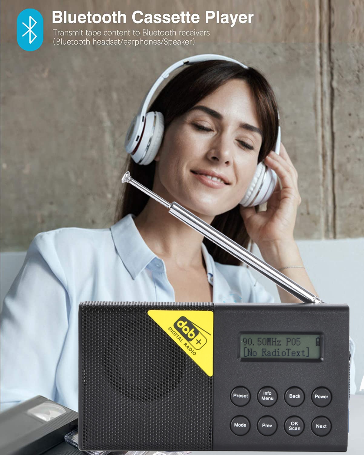 Portable Radio Receiver DAB / DAB+ FM Digital Radio Rechargeable Battery Bluetooth 5.0 Music Player LCD Display