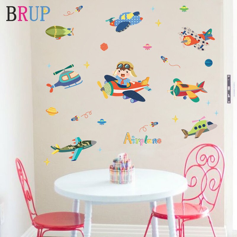 Cartoon Vliegtuig Muursticker Voor Kinderkamer Home Decoration Muurstickers Self-Garenloos Muurstickers Muurschilderingen Poster Kinderkamer