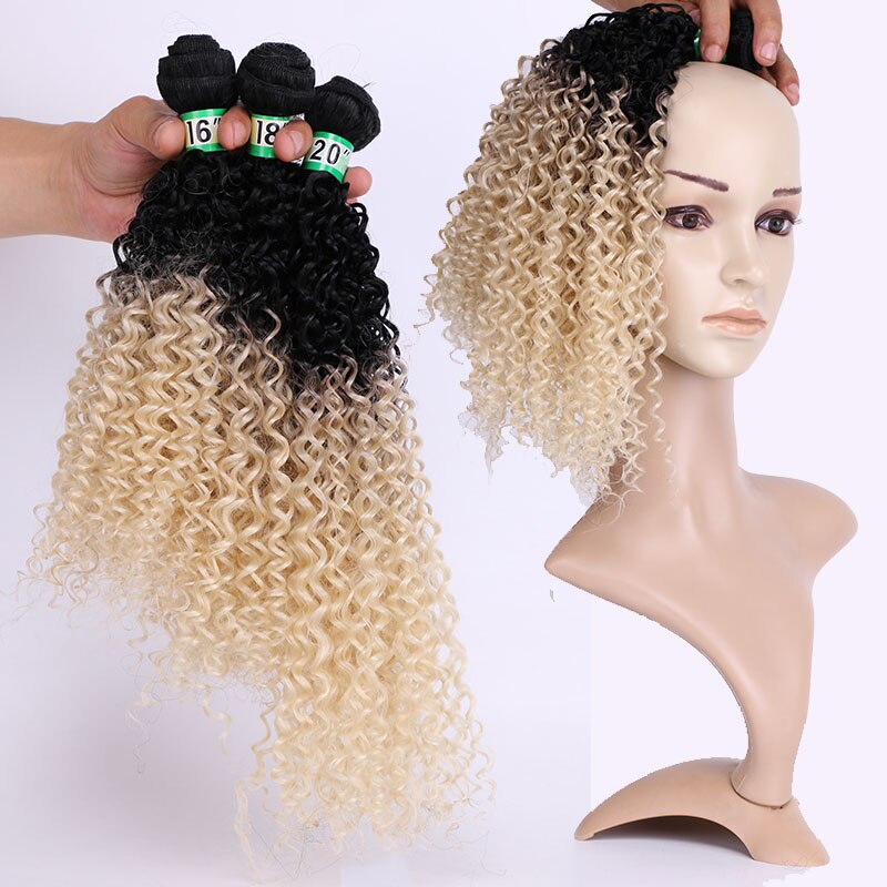 Extensiones de pelo rizado mechones de pelo sintético degradado, 3 unidades, un paquete, para cabello de una cabeza, tejido de sueño, hielo: T1B / 613