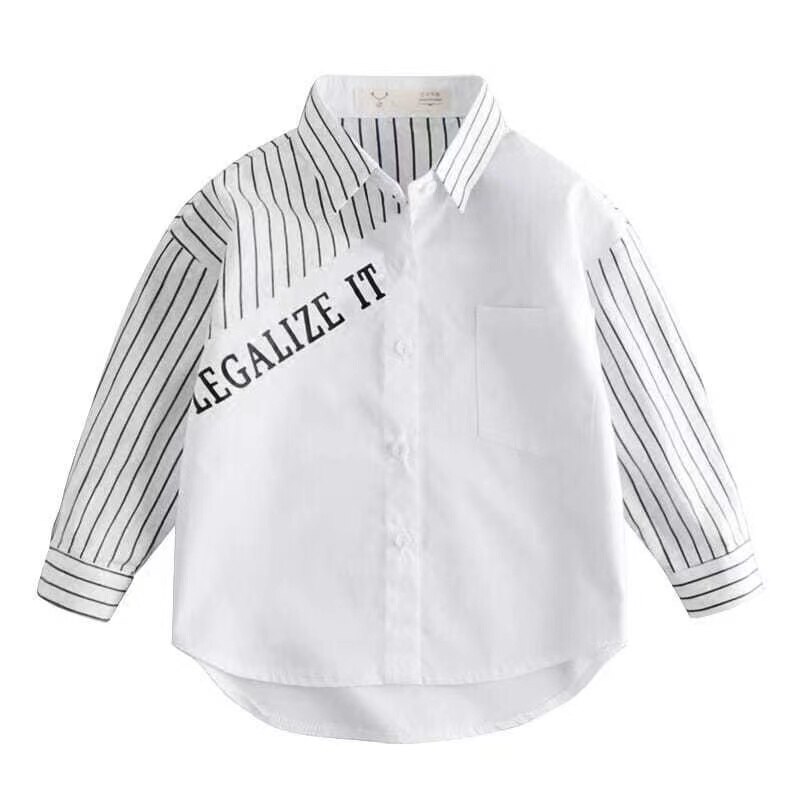 Chemise à manches longues pour garçon et adolescent, vêtement blanc à rayures fraîches, avec lettres imprimées, automne printemps: 8T(130)