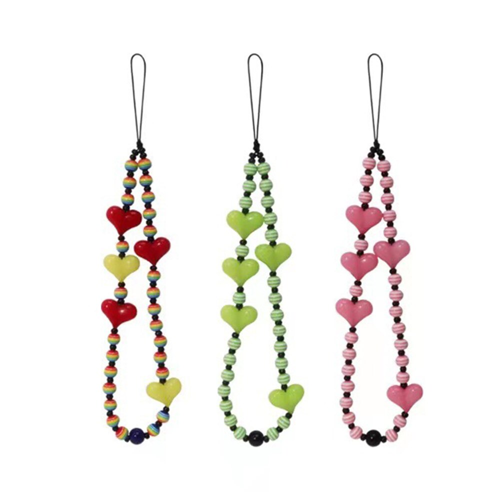 Kleurrijke Acryl Kraal Hart Mobiele Telefoon Keten Cellphone Charm Telefoon Strap Anti-Verloren Lanyard Voor Vrouwen Zomer Accessoires