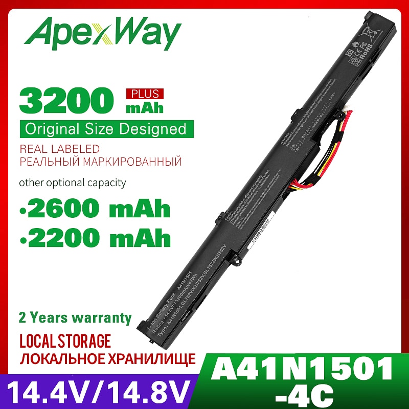 Apexway 4 celler laptop batteri til asus  a41 n 1501 a41 lk 9h n552 n552v gl752 gl752v gl752vl gl752 vlm  gl752vw gl752 vwm