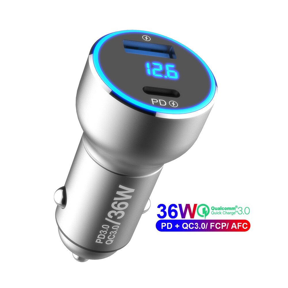 2port LED display board inspection 36W PD18W USB C car charger QC3.0 AFC fast charger 5A 60W USB C Cable for 11/X/XS/S8/S9/S10: Charger
