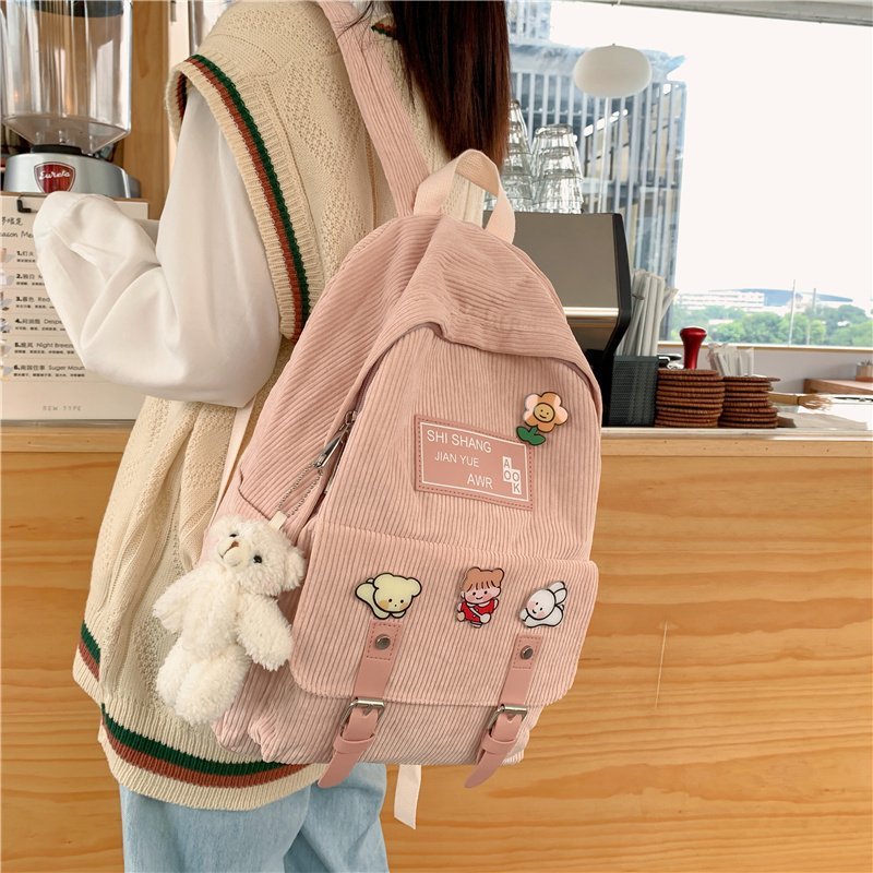 Cute Corduroy Backpacks for School Teen Girls Patchwork Colorful Bagpack Kids School Bags Double Buckles Travel Knapsack H246