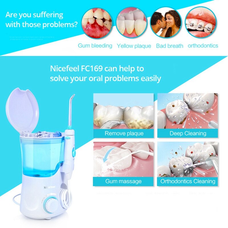 Nicefeel irrigator oral água flosser jato dentes mais limpo com 600ml tanque de água 7 dicas para cuidados com os dentes plugue da ue