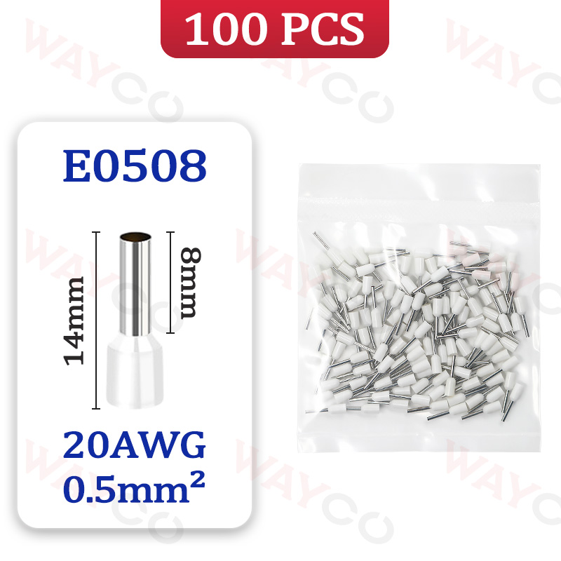 100 Stks/pak E0508 E7508 E1008 E1508 E2508 Buisvormige Crimp Terminals Adereindhulzen Koudgeperste Geïsoleerde Elektrische Draad Connectoren: E0508 - 100PCS