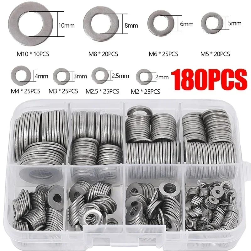 684/180PCS Stainless Steel Washer Set M2-M12 Metal O Rings Fasteners Gaskets For Screws Bolts Assortment Kits Hardware Washers: black