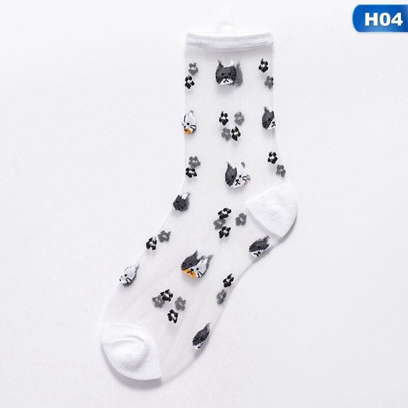 Spring Summer Tube Cotton Socks Breathable Casual Sports Socks Cartoon Animal Transparent Crystal Socks Card Silk Ladies Socks: H04