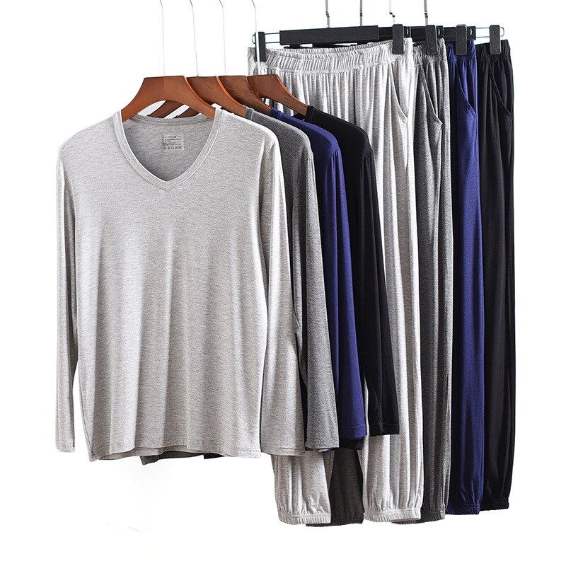 FZSLCYIYI Men's Modal Cotton Long Sleeve Pajamas Set with Long Pant Two-piece Pajama Suit men homewear Sleepwear Loungewear