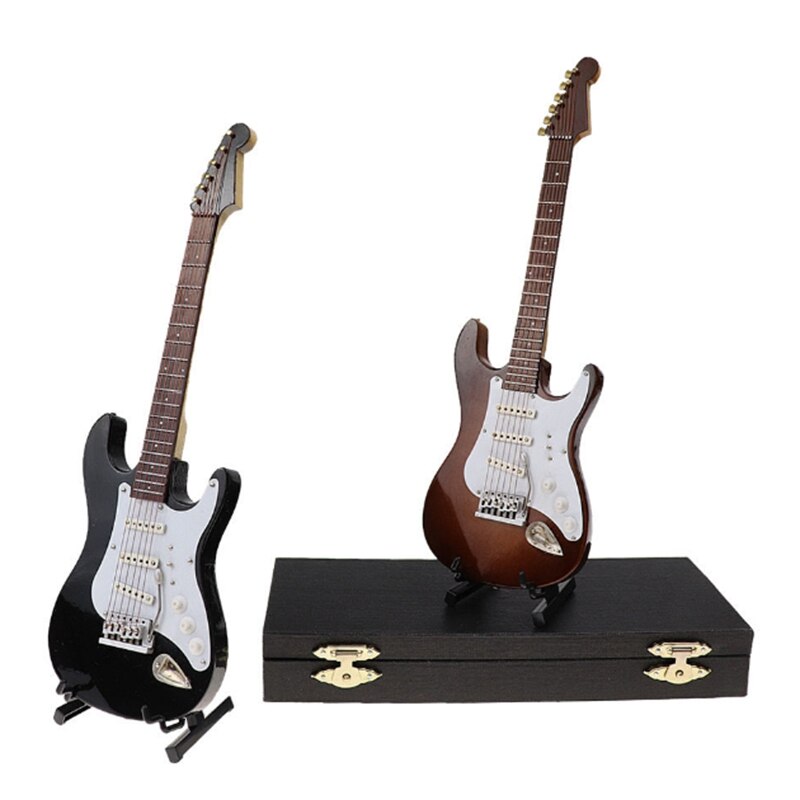 Houten Miniatuur Elektrische Gitaar Met Stand En Case Mini Muziekinstrument Miniatuur Poppenhuis Model