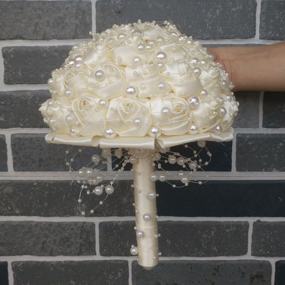 Pearls Beaded Bridal Bouquet Bridesmaid Wedding Flowers With Ribbon Ivory Rose Stunning