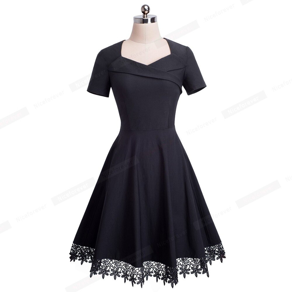 Nice-forever broderi sorte blondekjoler korte ærmer swing flare kvinder kjole btya 032
