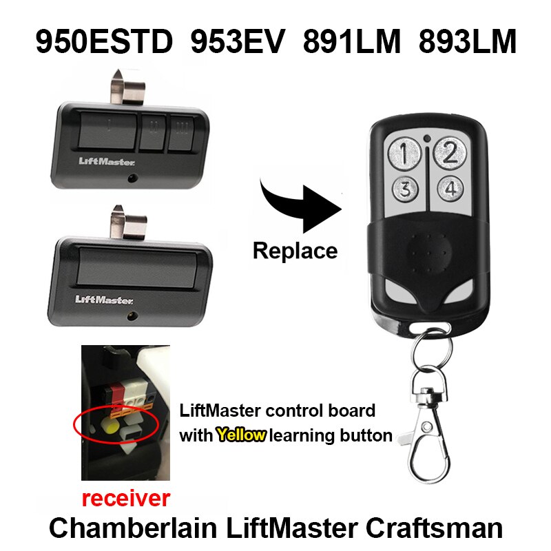 For Liftmaster Chamberlain Craftsman 891LM 893LM 950ESTD 953ESTD Garage Door Remote Control with Yellow Learn Button