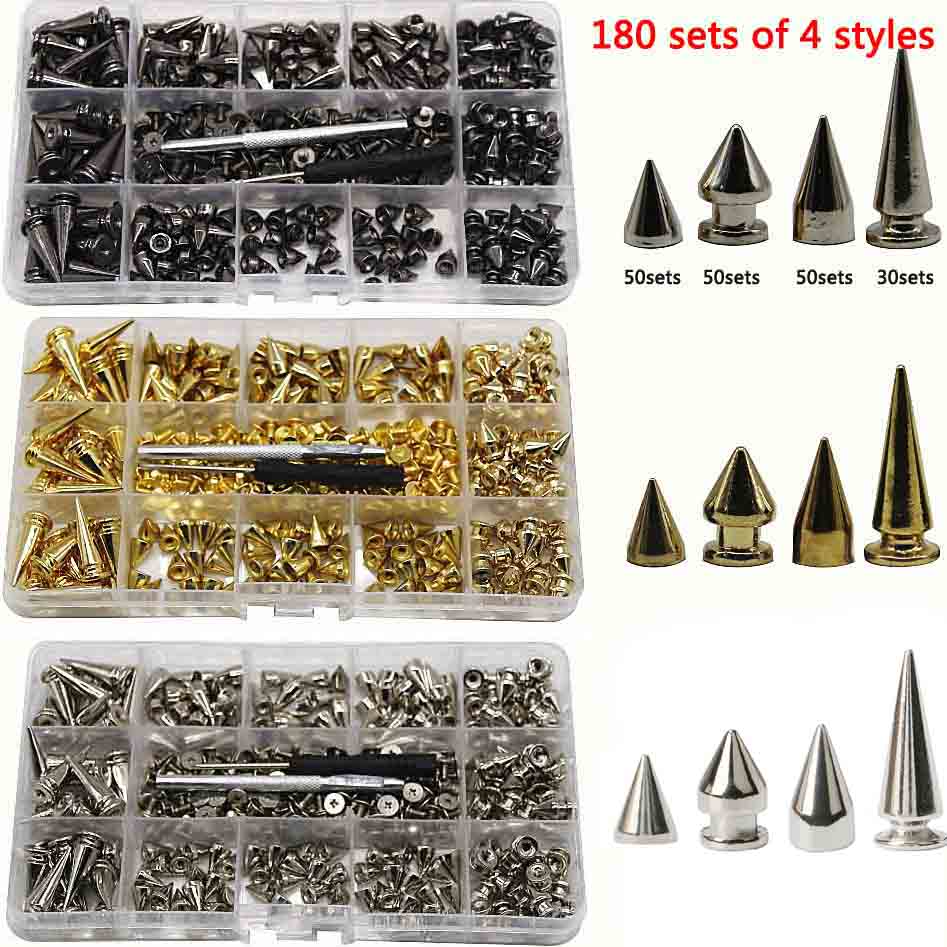 Juego de tachuelas y pinchos traseros de tornillo de remache Punk, Kit con herramientas de artesanía de cuero, cono de bala DIY para collar de pulsera de cuero, 180/80 juegos