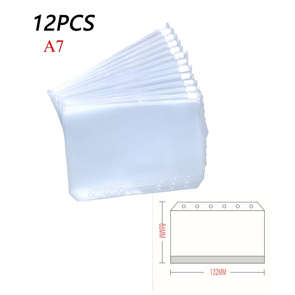 A5 A6 A7 12PCS Binder PocketsBinder Zipper Folders for 6-Ring Notebook Binder Transparent Loose Leaf Pouch Document Filing Bags: A7 8.6x13.2cm
