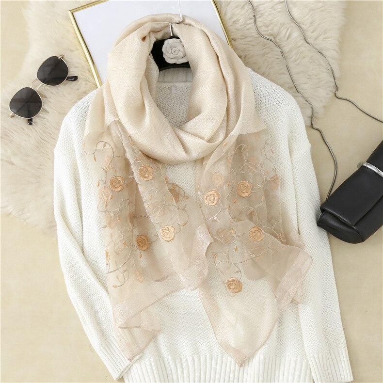 Real Silk and Wool Women Scarf Floral Embroidery Lady Headband Scarves Pashmina Shawl Wraps Bandana Hijab Big Size Beach: 4